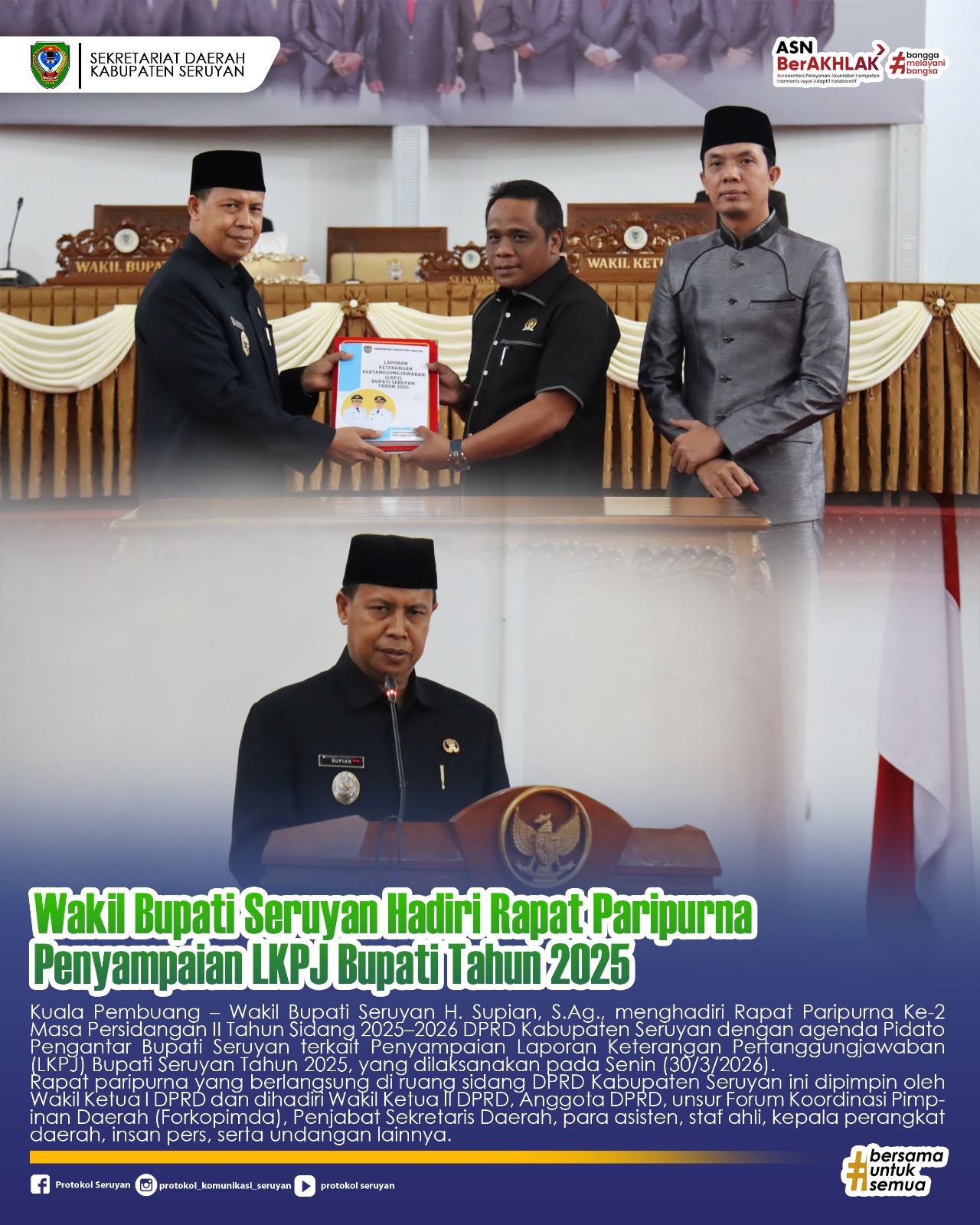 Wakil Bupati Seruyan Hadiri Rapat Paripurna Penyampaian LKPJ Bupati Tahun 2025