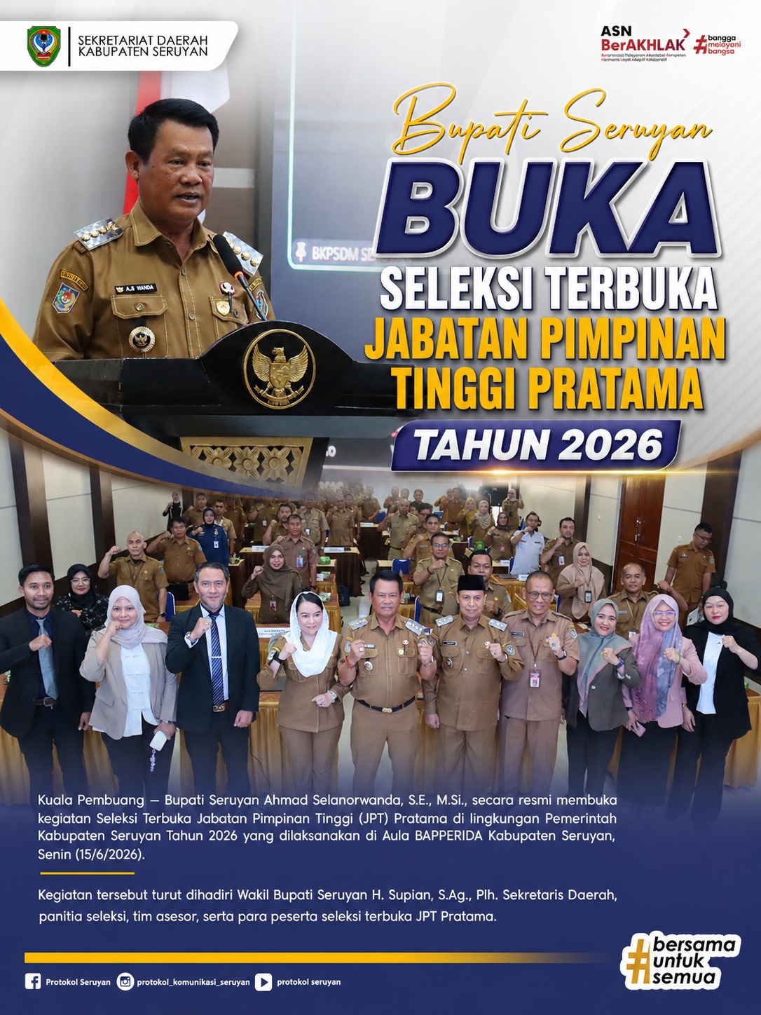 Bupati Seruyan Buka Seleksi Terbuka Jabatan Pimpinan Tinggi Pratama Tahun 2026