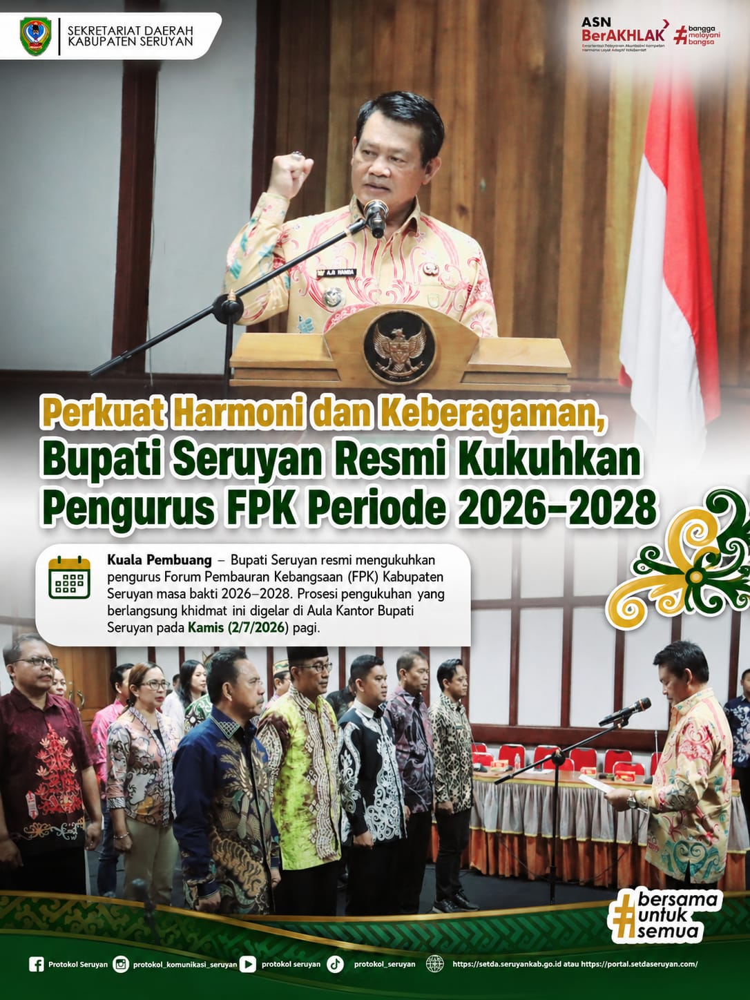 Perkuat Harmoni dan Keberagaman, Bupati Seruyan Resmi Kukuhkan Pengurus FPK Periode 2026–2028