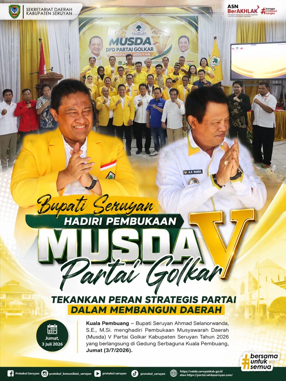 Bupati Seruyan Hadiri Pembukaan Musda V Partai Golkar, Tekankan Peran Strategis Partai dalam Membangun Daerah