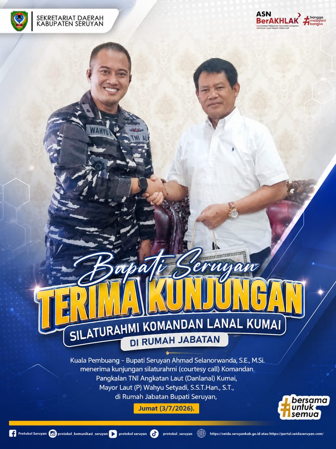 Bupati Seruyan Terima Kunjungan Silaturahmi Komandan Lanal Kumai di Rumah Jabatan