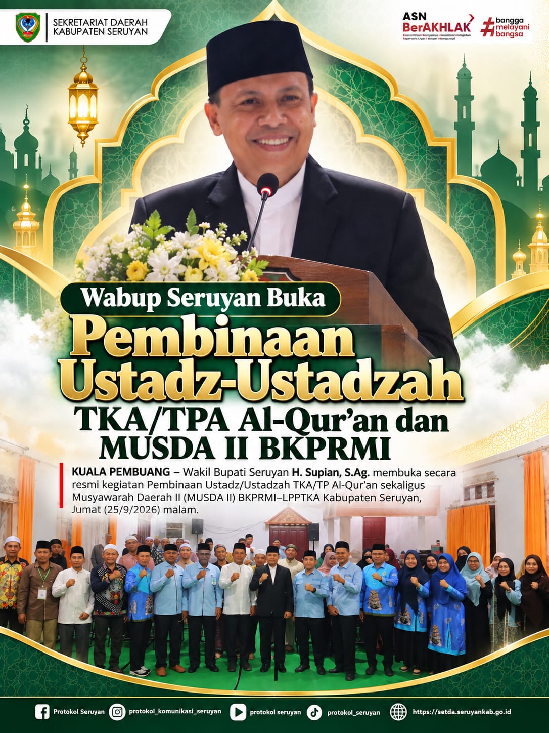 Wabup Seruyan Buka Pembinaan Ustadz-Ustadzah TKA/TPA Al-Qur’an dan MUSDA II BKPRMI
